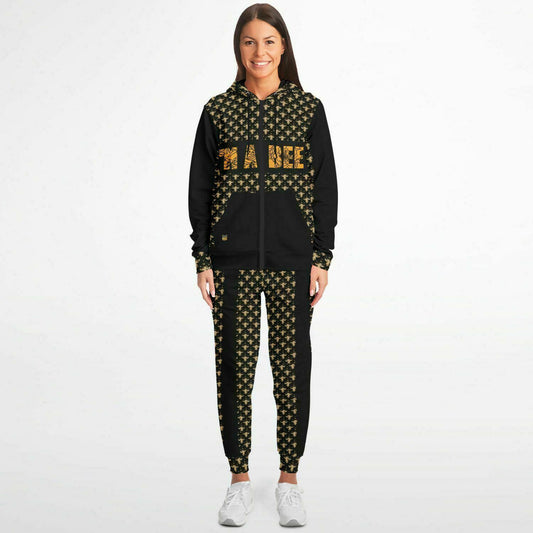 Beautiful black and gold designer joggers set. Made with floating bumble bees and the wording I’m a bee on the front and the huge logo picture in the back center.
