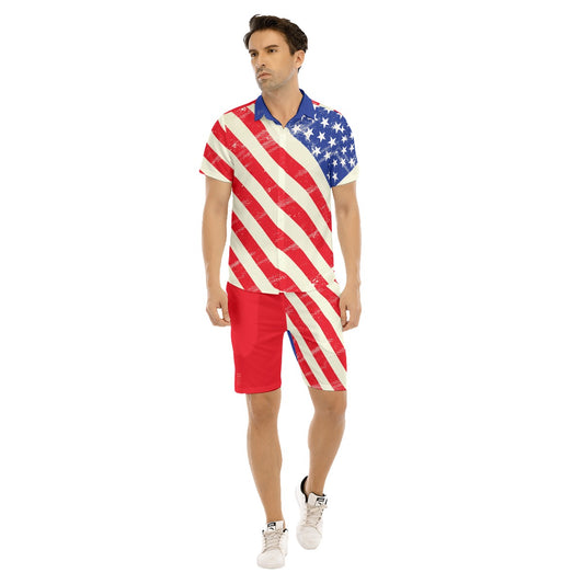 Lightweight poly/spandex blend provides optimal wear all year. Regular fit, no elastic. Features short sleeve, short pants & lapel collar. We are AMERICA Short Sleeve Shirt Set for Men.