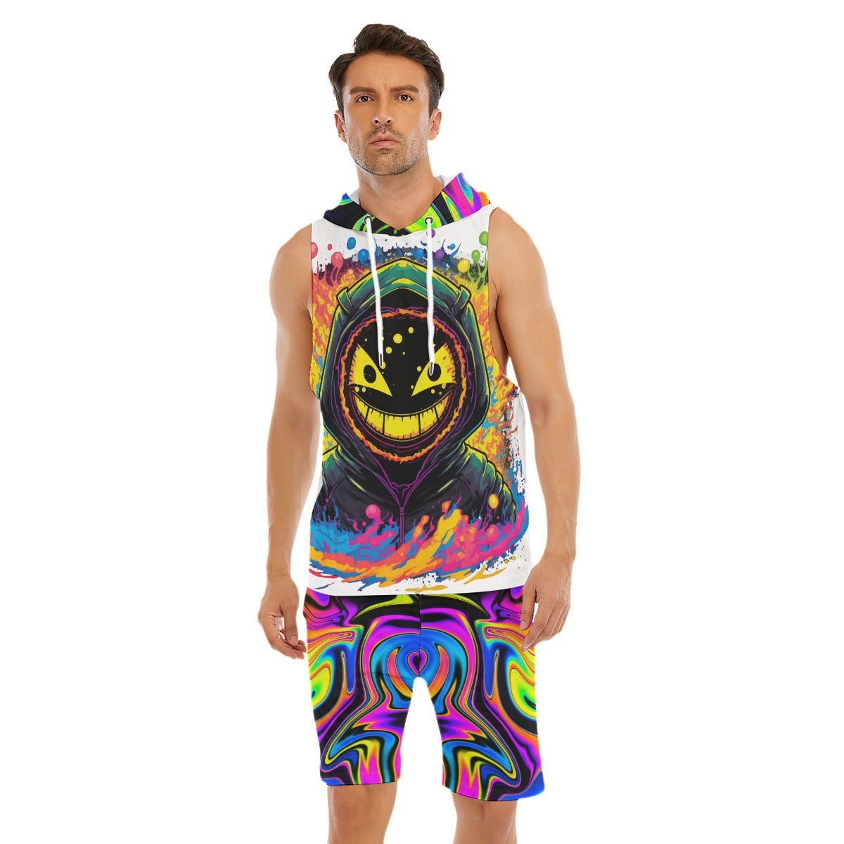 Art Swirl with Smile Guy Sleeveless Vest and Shorts Set for Men's