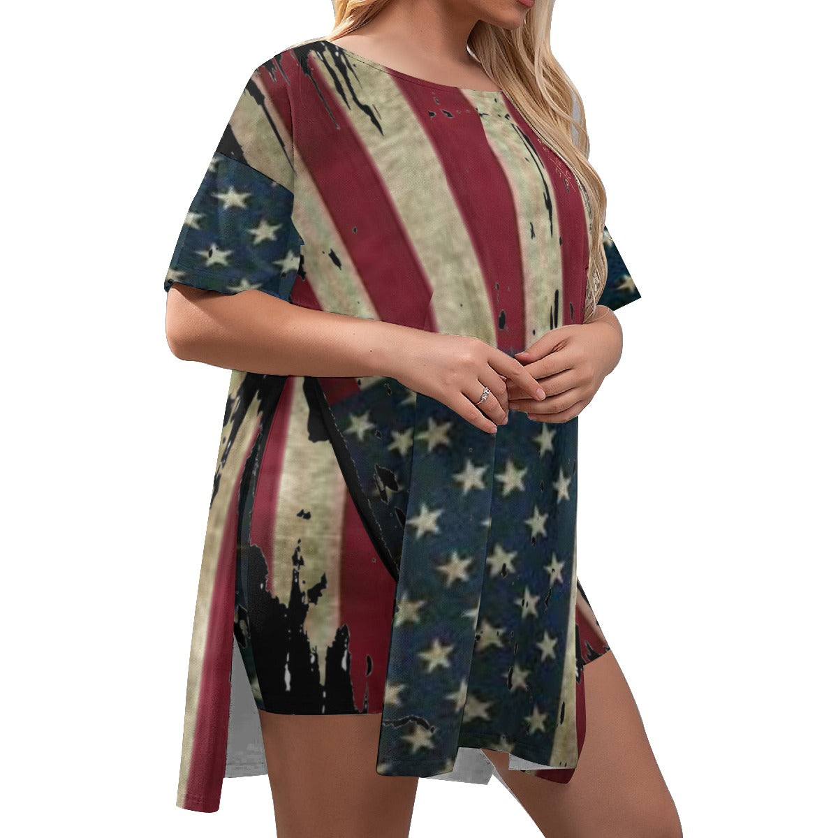 America is US Drop-Shoulder T-Shirt with Side Split and Shorts (Plus Size) for Women's