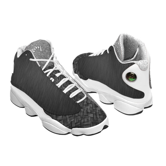 These basketball shoes are designed with silver sparkles and black designs. The upper is made of leather and the sole is made of Rubber. Also, has Anti-Slippery, Hard-Wearing, Shock-Absorbent