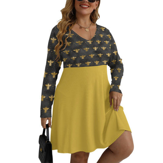 I'm A Bee "Bee in the Spotlight" Women's V-neck Long Sleeve Dress(Plus Size)