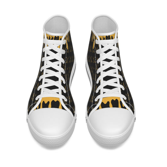 High top Canvas Shoes  with Bee Print and Honey drippings and White Shoe Laces, black and white shoe.
