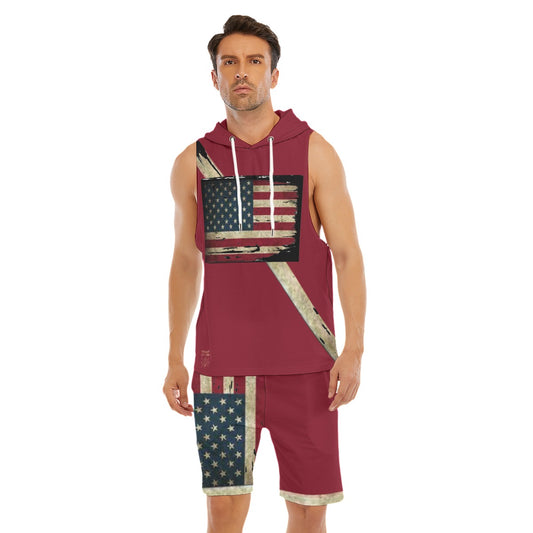 This red and blue GA Flag hooded drawstring hoodie sleeveless short set is not very restrained during exercise, made of Jersey Materials.