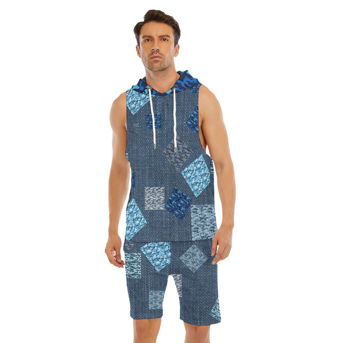 Patch Me Up Tank Top Set is made with breathable materials. With patchwork on a blue jean background