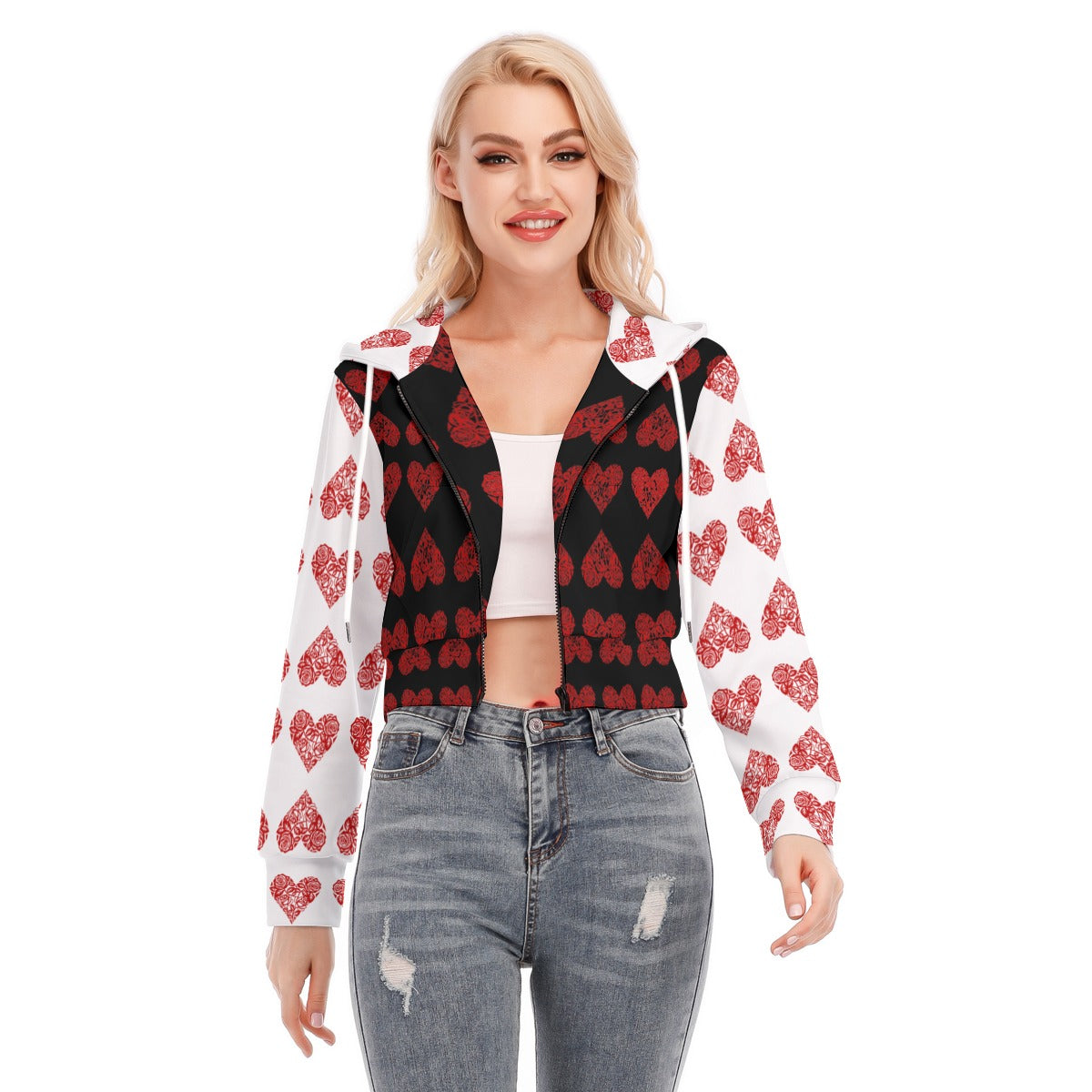 "Heart Me Up"  Crop Top Hoodie With Zipper Closure for Women's