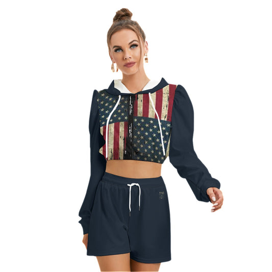 This American Flag short set has a micro fleece drawstring hoodie with drawstring short. Made with polyester and spandex materials.