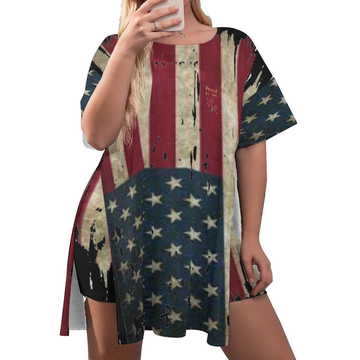 America is US Drop-Shoulder T-Shirt with Side Split and Shorts (Plus Size) for Women's