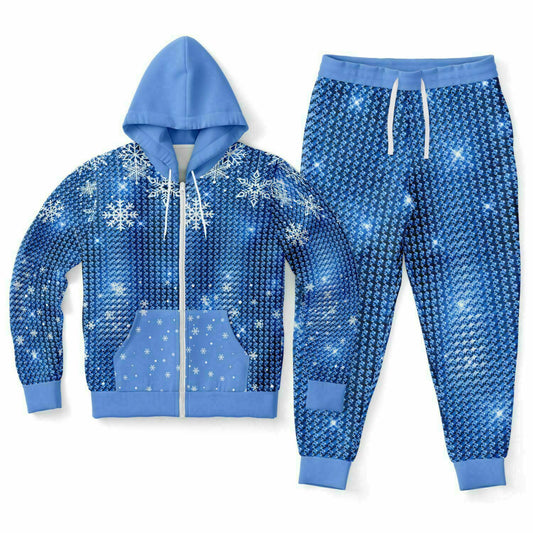 Blue Glitter sparkle jogging outfit with snowflake designs will be on-point with this fashionable zip hoodie and jogger set. The zip hoodie comes with a double-layer hood and a kangaroo pocket, while the jogger comes with two side pockets.