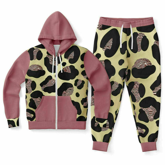 Rose Gold Animal Printed has a fashionable zip hoodie and drawstring jogger set. The hoodie comes with a double-layer hood and a kangaroo pocket, the jogger comes with two side pockets