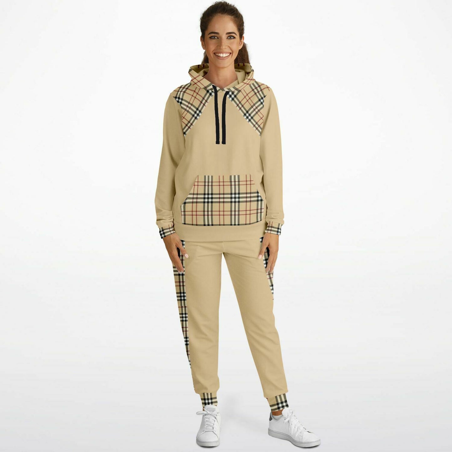 Beige designed hoodie jogger set, nicely designed front pockets, and hoodie. Made with a high-quality polyester and spandex blend.