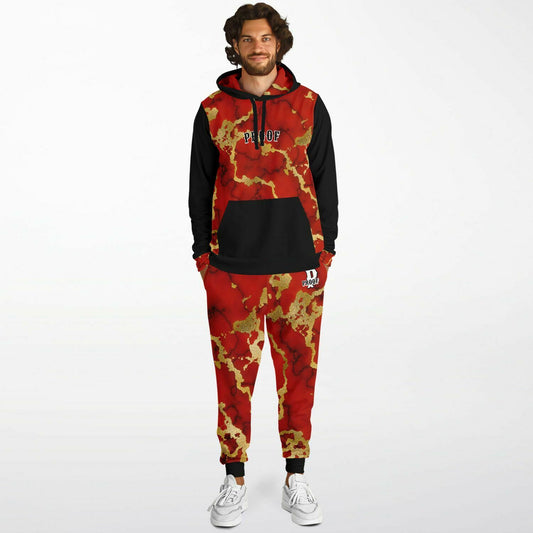 A Red, black, and gold marble 2-piece designer jogger set, is made for a special person. A person who loves to make statements. Made with a durable blend of premium fabrics, 20% cotton, 75% polyester, and 5% spandex.