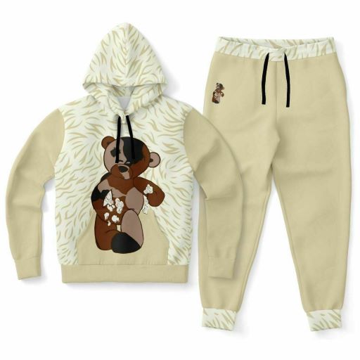 Beige Animal-Printed, ripped-Bear Pullover Hoodie and Jogger Pants Set made with a reliable Polyester-Spandex blend, ensuring durability and comfort.