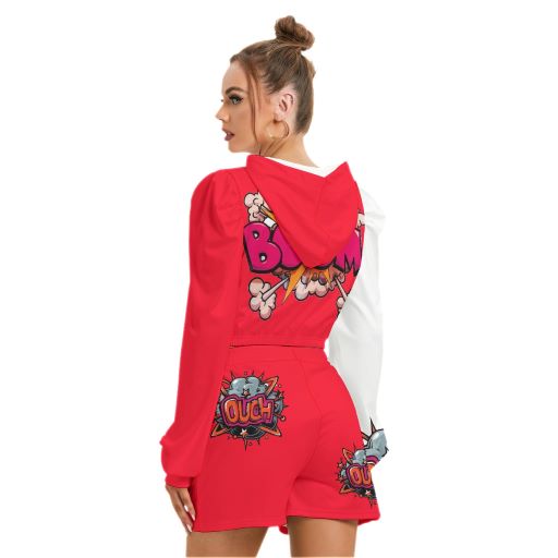 Comic Sayin short set has a micro fleece drawstring hoodie with drawstring shorts.