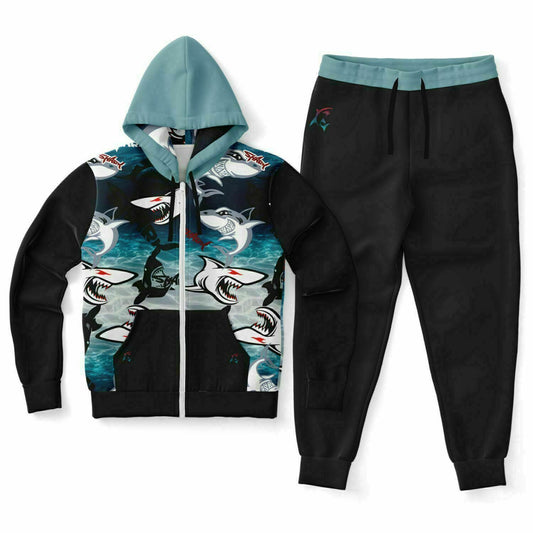 Black and Teal Printed Shark Hoodie and Matching Joggers. This athletic zip hoodie and jogger has front pockets.