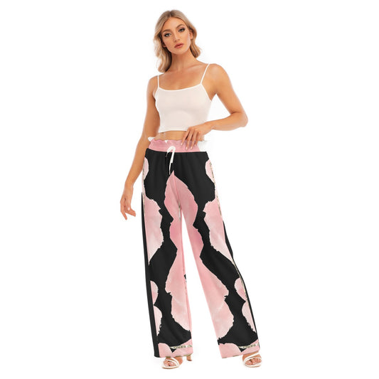 Pink and Black Waist Fungus Edge Wide-leg Pants for Women's