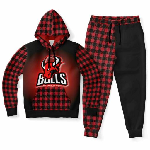 Black and Red Chicago Bull two-piece jogger set, Faded red to black with the #23 on the black the sleeves are designed with plaided print