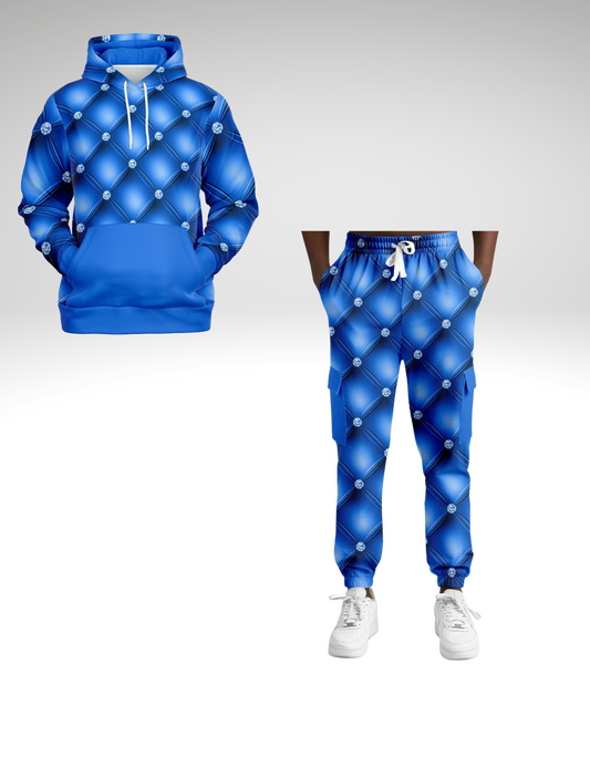 Blue triangle diamond printed kangaroo pocket pullover hoodie and matching cargo joggers.