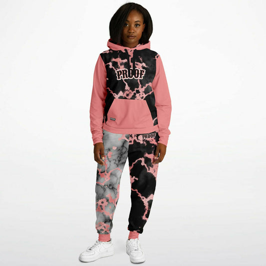Two-Toned pink, black and grey Marble Hoodie Outfit made with a high-quality polyester and spandex blend, this hoodie and jogger set is durable and lightweight. 