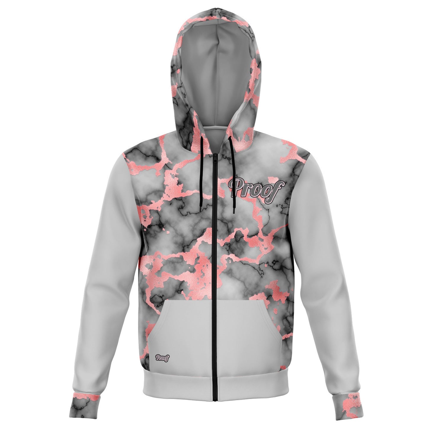 This grey and pink Marble Me hoodie have a zip-up hoodie featuring a soft and durable fabric that has a cotton feel to it. With a brushed fleece on the inside and visible nylon zipper front closure. 