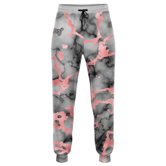 These grey and pink Marble Joggers are featuring a soft and durable fabric that has a cotton feel to them. The brushed fleece on the inside and made with cotton, polyester, and spandex