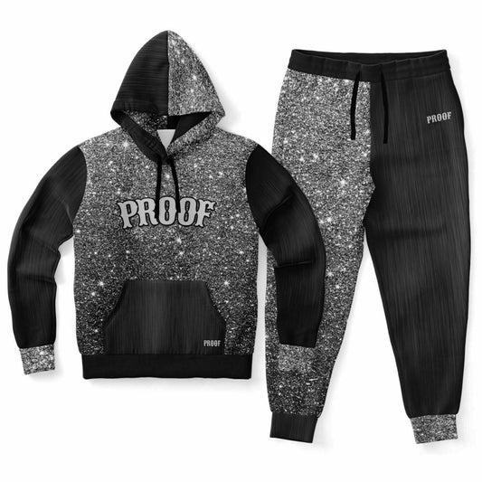 The Black and Silver Sparkle 2-piece jogger set for women is made with a high-quality polyester and spandex blend, drawstring closures, and an elastic waistband making it extra convenient. 
