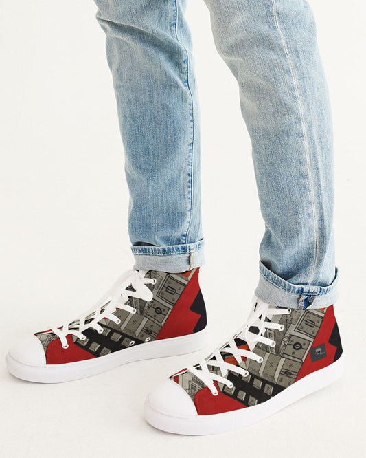 Upside down artist featured shoes, red and black hightops
